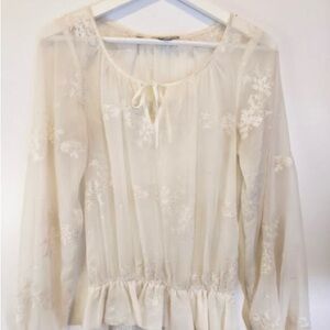 Guess Ivory XS Women’s Sheer Embroidered Top Blouse Peplum Ling Bishop Sleeves